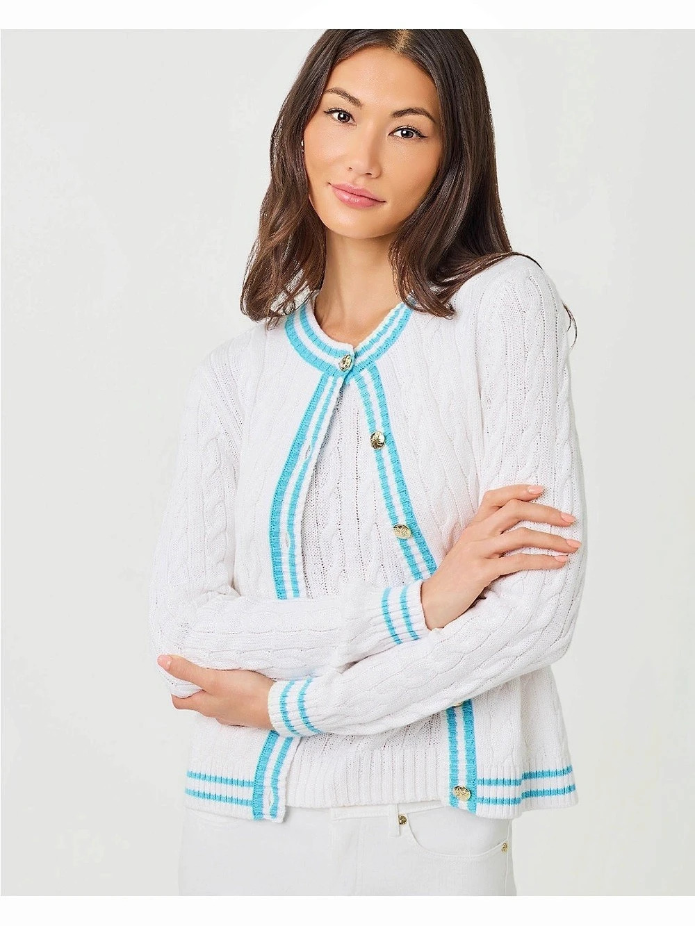 NWT Lilly Pulitzer Brockton Crew Neck Cardigan White & Blue Small - Picture 5 of 14